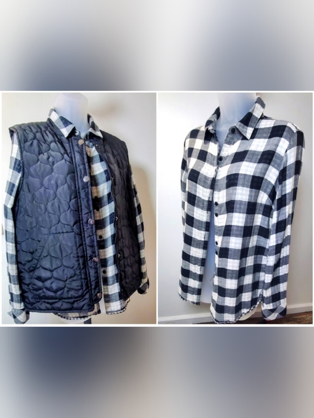 2 Piece Set Womens Quilted Vest with Black & White Plaid Shirt - Set